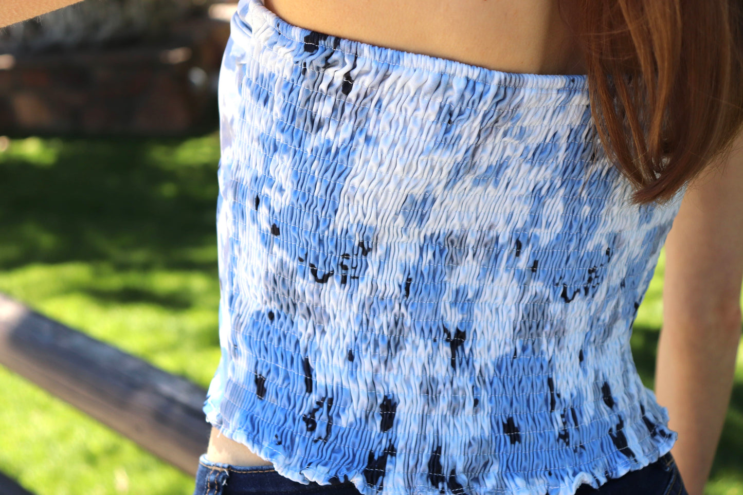 Blue chiffon strapless fancy crop tops with bow