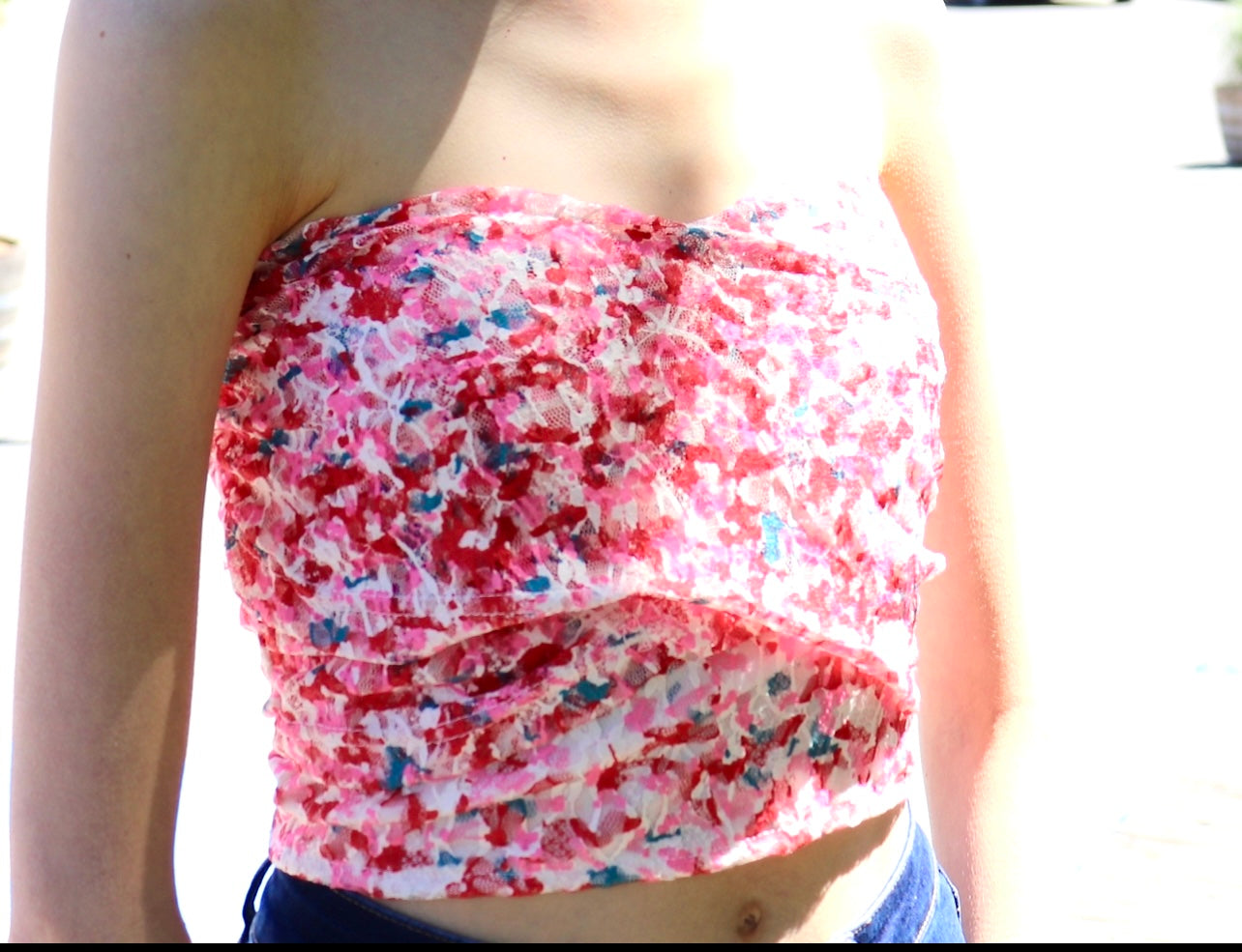 Floral lace fancy ruffled strapless crop tops