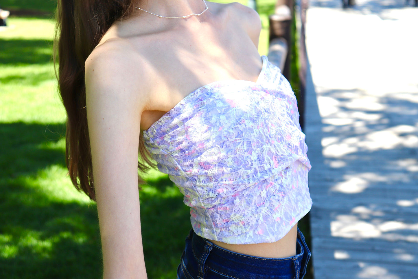 Floral lace fancy ruffled strapless crop tops