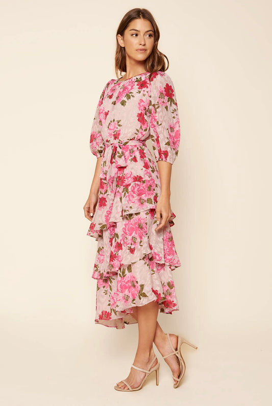 Celia Asymmetrical Ruffle Midi Dress with Ballon Sleeves