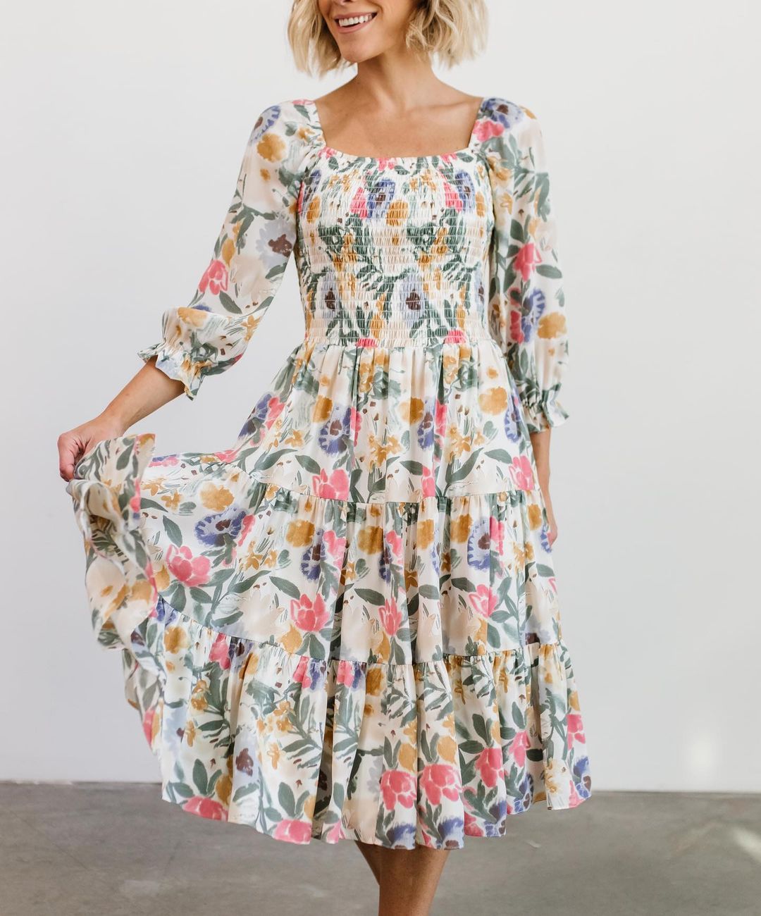 Boho Floral Ruffled Midi Dress