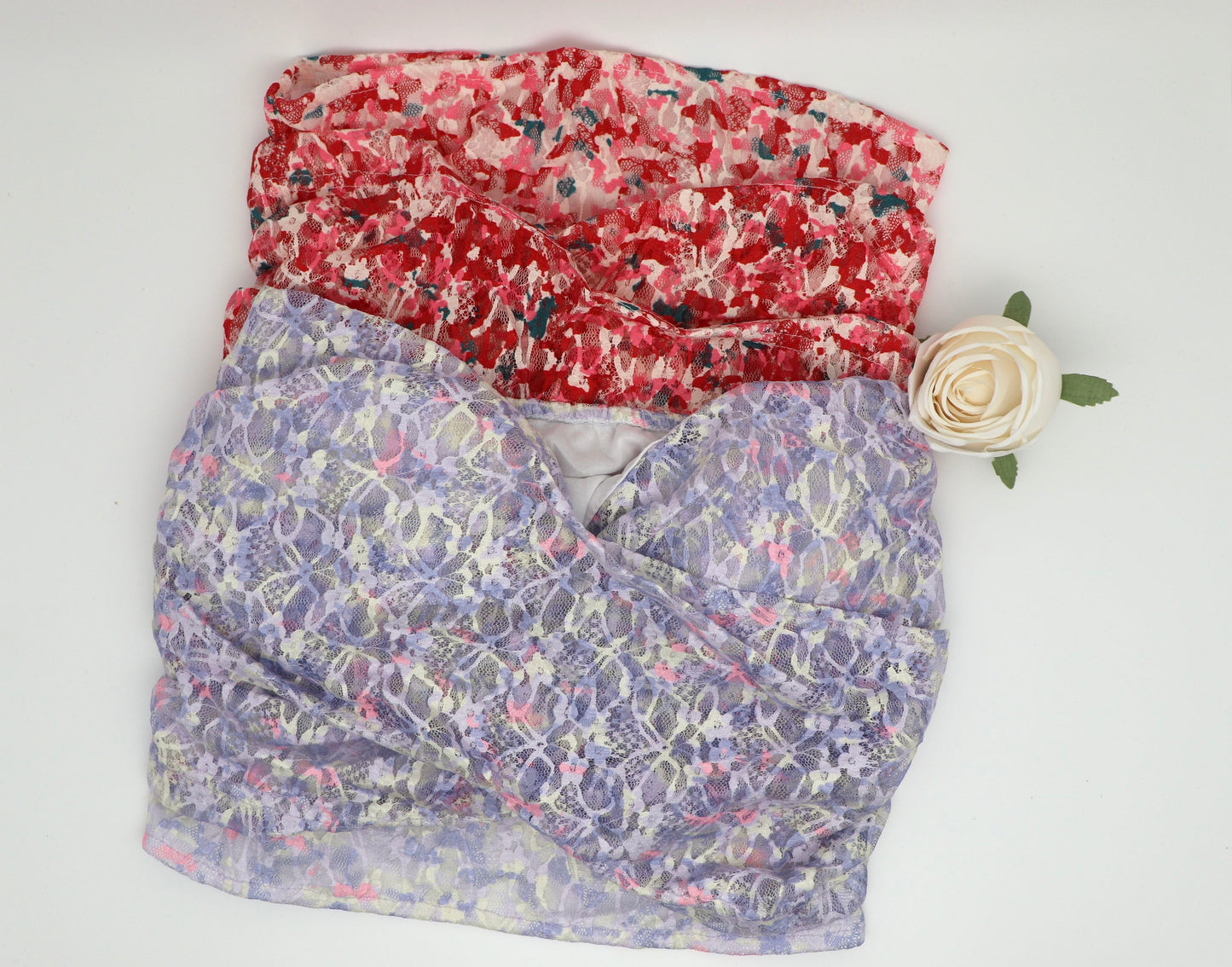 Floral lace fancy ruffled strapless crop tops