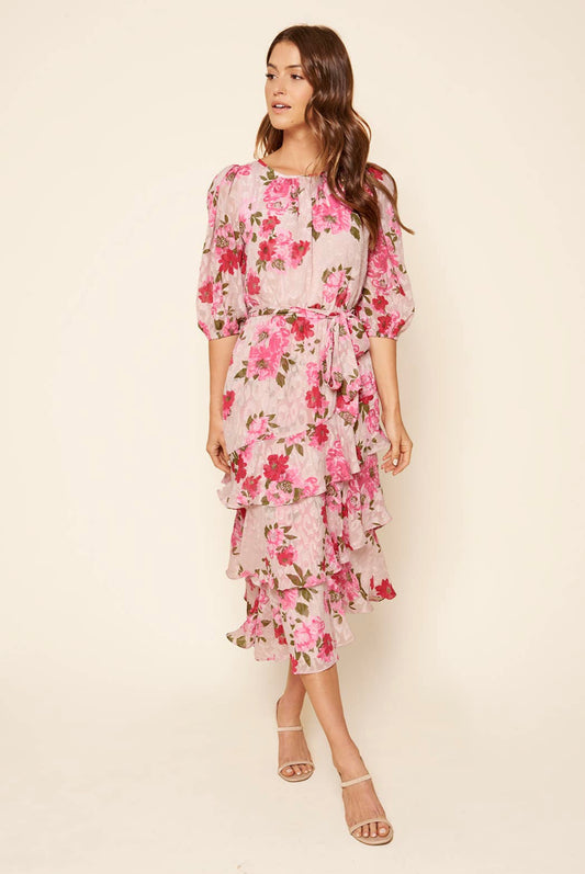 Celia Asymmetrical Ruffle Midi Dress with Ballon Sleeves