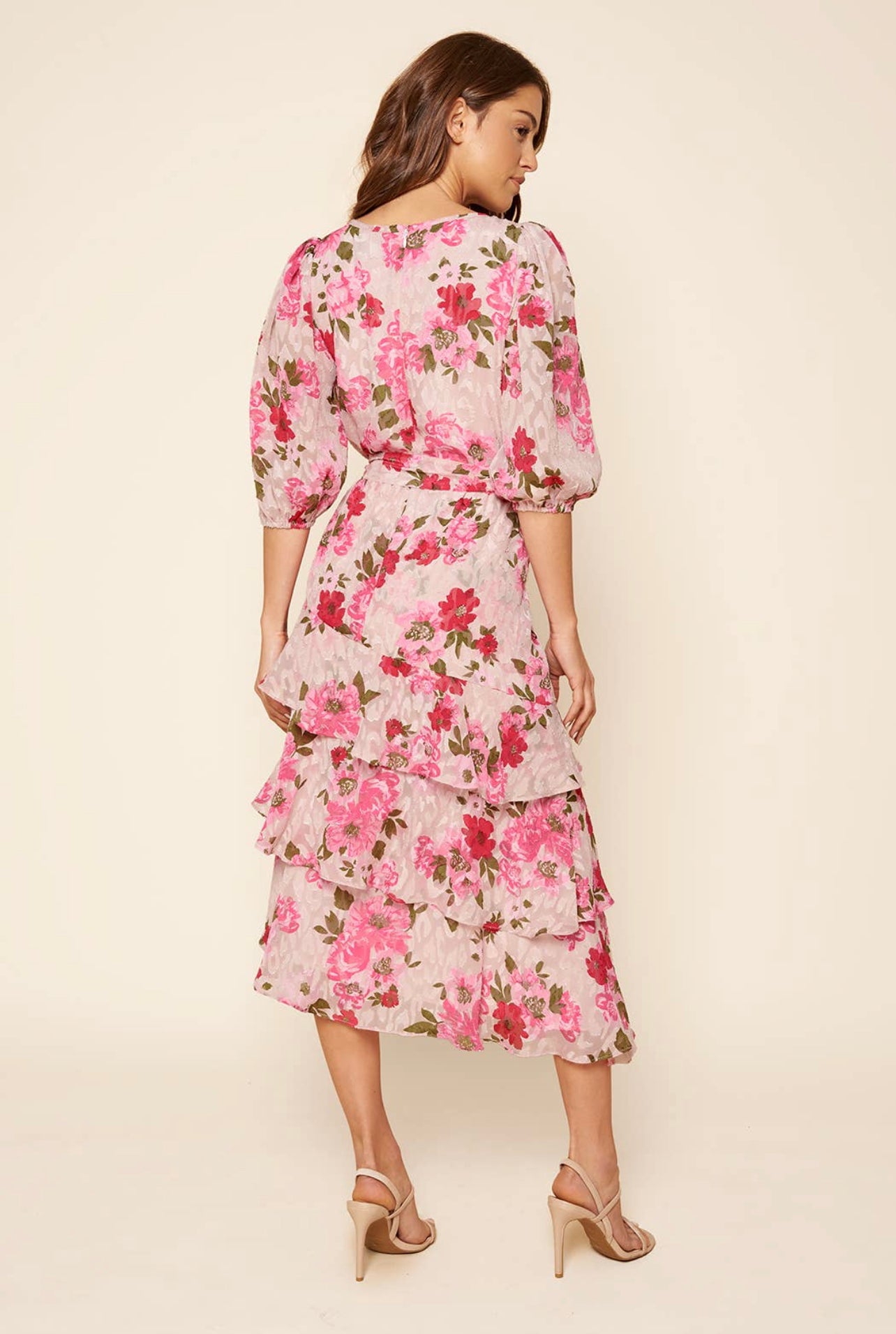 Celia Asymmetrical Ruffle Midi Dress with Ballon Sleeves