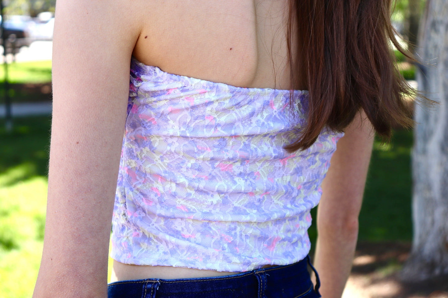 Floral lace fancy ruffled strapless crop tops