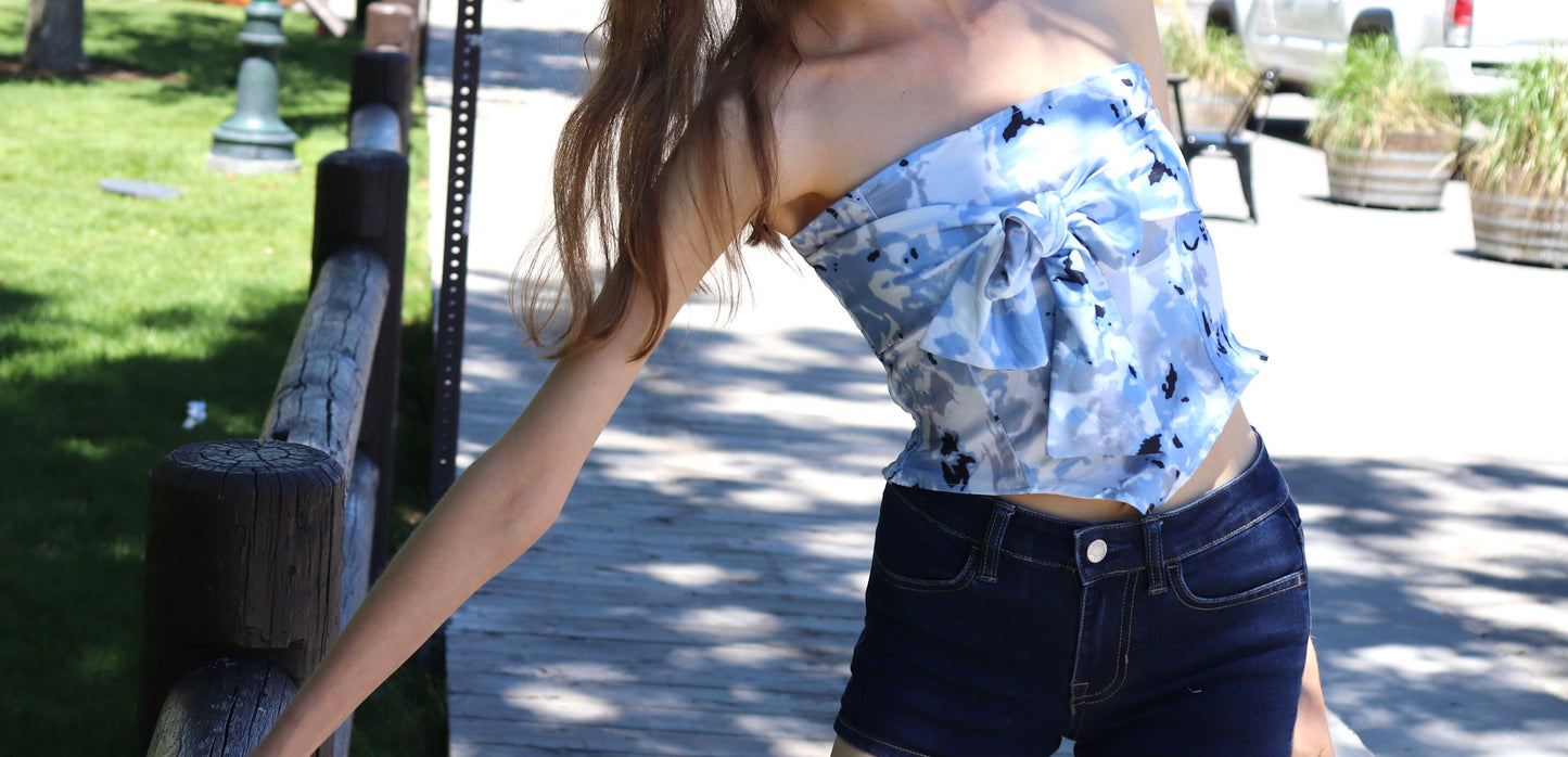 Blue chiffon strapless fancy crop tops with bow