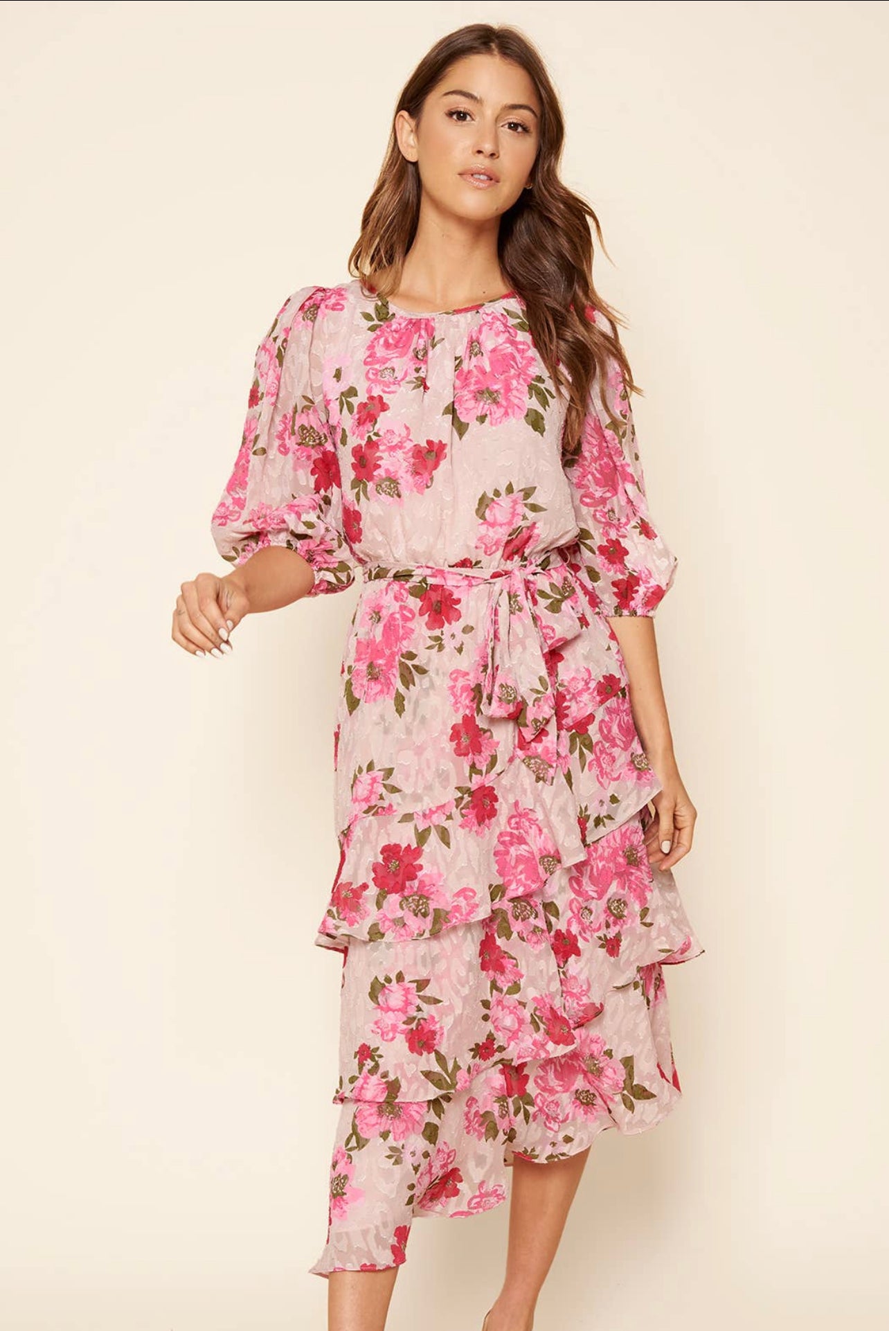 Celia Asymmetrical Ruffle Midi Dress with Ballon Sleeves