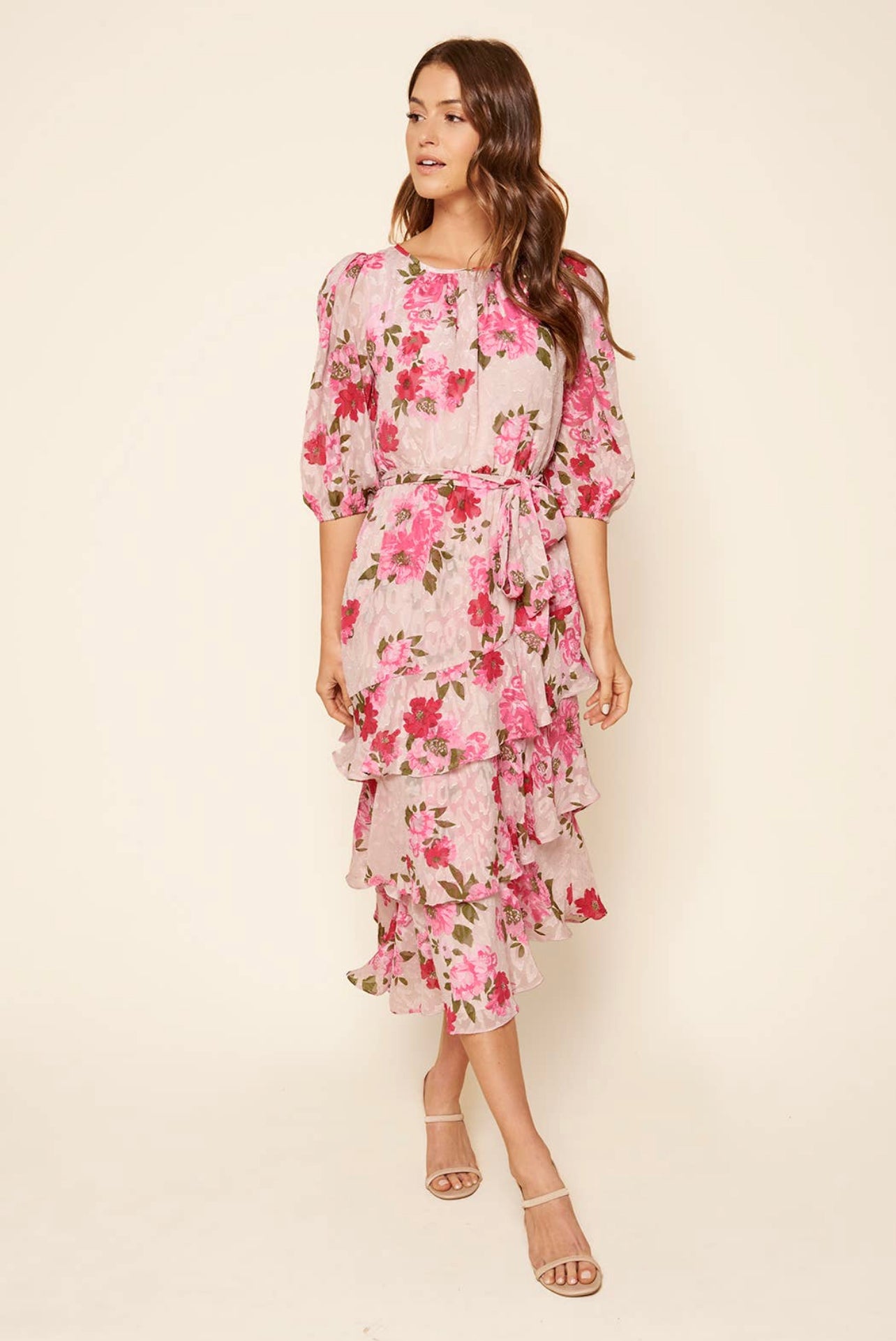 Celia Asymmetrical Ruffle Midi Dress with Ballon Sleeves RosyFina Celia Asymmetrical Ruffle Midi Dress with Ballon Sleeves RosyFina