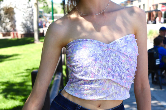 Floral lace fancy ruffled strapless crop tops