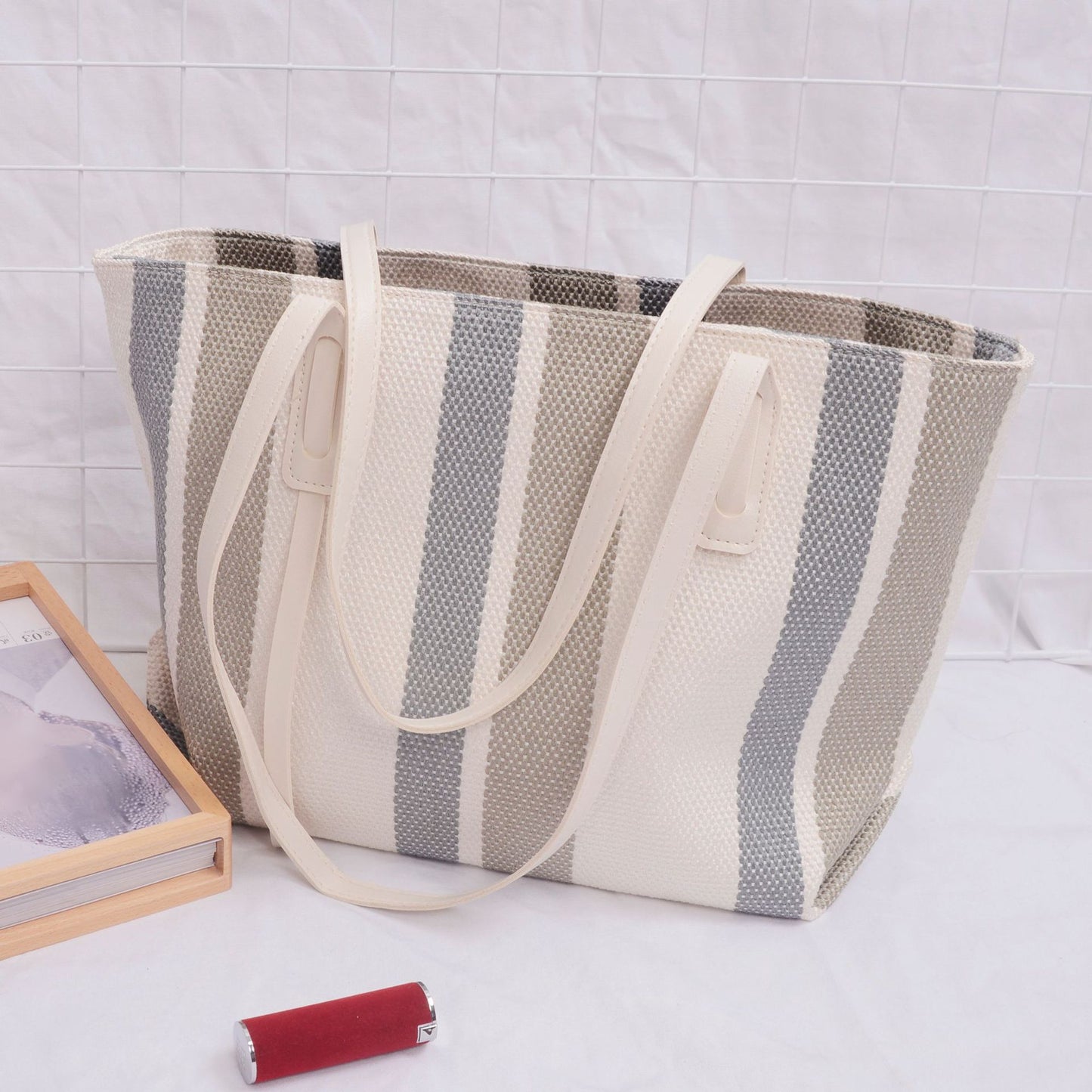 Canvas Strips Tote with Zipper